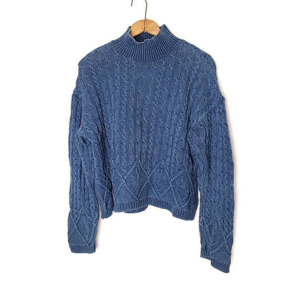 None Sweaters - Blue cable knit distressed High mock turtleneck sweater